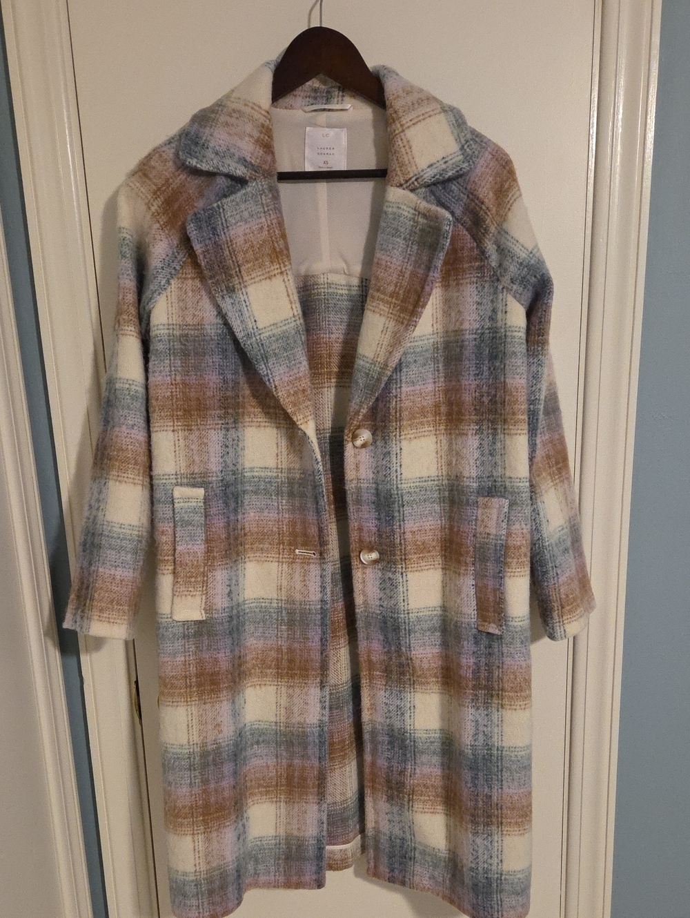 LC Lauren Conrad Cream Plaid Wool-Blend Pea Coat with Blue & Brown Accents